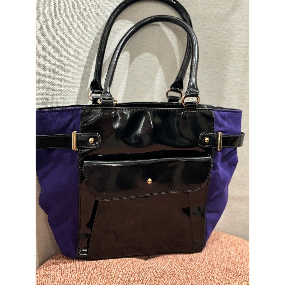 Avon Black Patent Purple Faux Suede Colorblock Tote Bag Gold Hardware Handbag